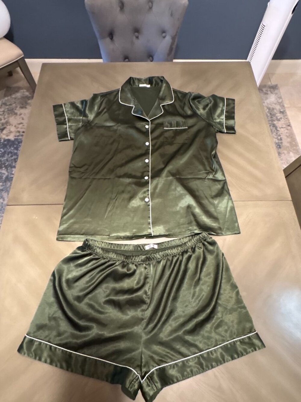 Satin Short Sleeve Pajama Set Olive Green White Contrast Piping PJ Top & Shorts